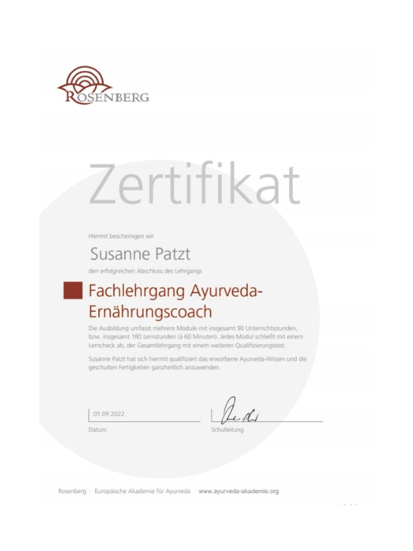 Zertifikat für den Ernährungscoach der Rosenberg Europäischen Akademie für Ayurveda